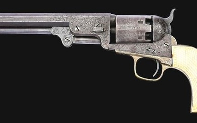 (A) FACTORY ENGRAVED COLT 1851 NAVY WITH CHECKERED IVORY GRIPS AND FOY TOOLED LEATHER HOLSTER.