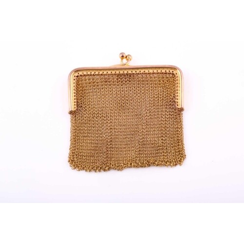 A French 9ct yellow gold mesh purse, the straight frame stru...