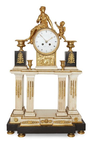 A French marble and gilt-bronze mounted mantel clock, late 19th century, the architectural case with gilt metal Classical maiden and cherub atop the movement flanked by urns and above relief decorated plaque with cherubs, on six columns and gilt...