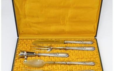 A French silver plate and horn carving / serving set. Case a...