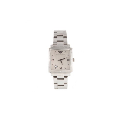 A GENT'S STAINLESS STEEL EMPORIO ARMANI WRIST WATCH, rectang...