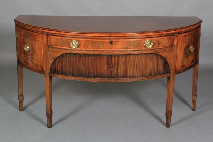 A GEORGE III MAHOGANY AND SATINWOOD BANDED SIDEBOARD, bow fr...