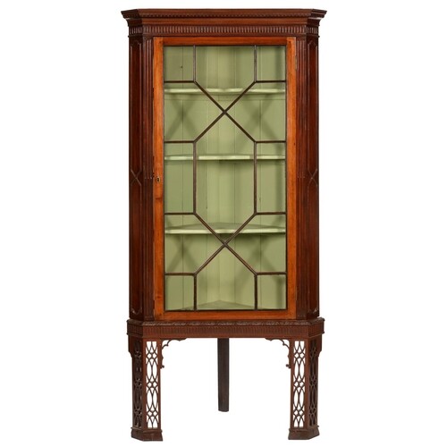 A GEORGE III MAHOGANY CORNER CABINET, LATE 18TH C with dent...