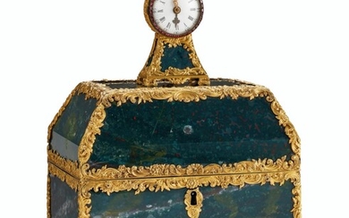 A GEORGE III ORMOLU-MOUNTED BLOODSTONE AND GOLD NECESSAIRE TABLE CLOCK, IN THE MANNER OF JAMES COX, LONDON, LATE 18TH CENTURY, WITH LATER FITTED INTERIOR, THE CLOCK 18TH CENTURY AND ASSOCIATED