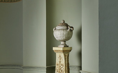 A GEORGE III WHITE-PAINTED AND PARCEL-GILT PEDESTAL AFTER THE DESIGN BY ROBERT ADAM, CIRCA 1775