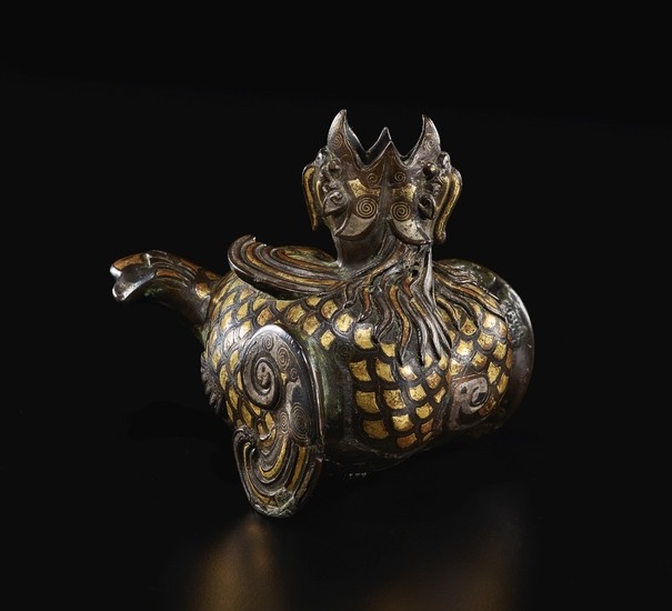 A GOLD AND SILVER-INLAID BRONZE 'MYTHICAL TWIN BIRD' CENSER MING DYNASTY