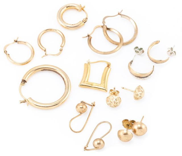 A GROUP OF 9CT GOLD EARRINGS; 3 pairs of hoops, 2 pairs of half round studs (2 without butterflies), a pair of beads with locking sh...