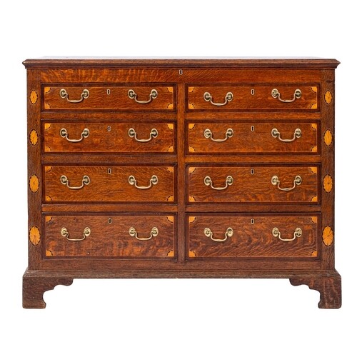 A George III oak, walnut crossbanded and marquetry mule ches...