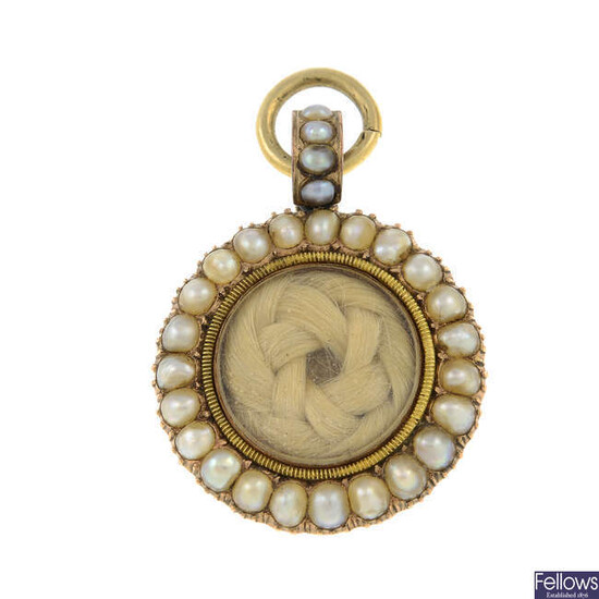 A Georgian gold split pearl and woven hair memorial locket pendant.