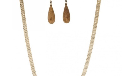 A Gold Herringbone Necklace and a Pair of Gold Dangle Earrings