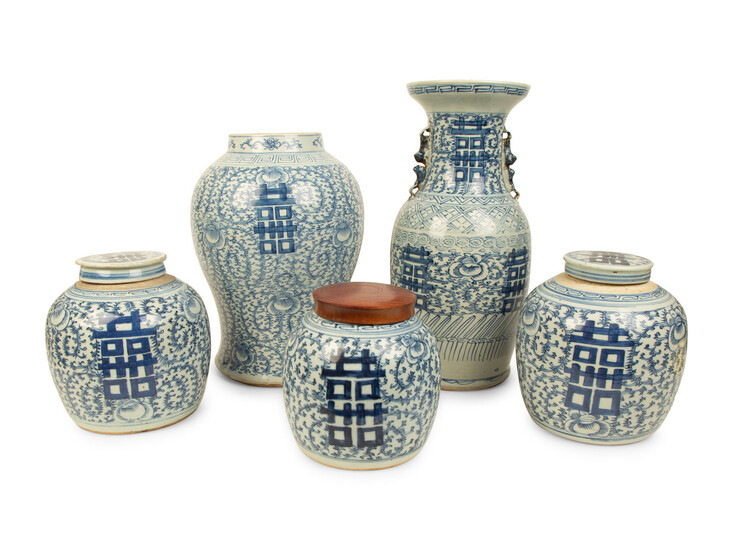 A Group of Five Chinese Blue and White Porcelain Happiness Jars
