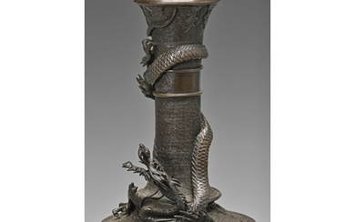 A Japanese bronze vase, Meiji period, cast and applied with ...