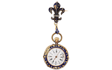 A LADIES GOLD AND ENAMEL EVENING POCKET WATCH