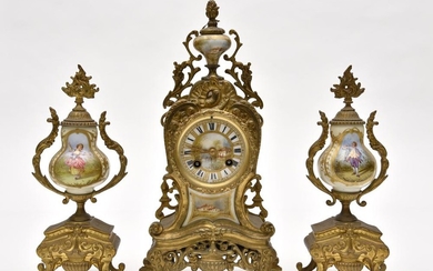 A LOUIS XV STYLE FRENCH BRONZE CLOCK GARNITURE WITH HAND PAINTED SCENES (CHIP TO CLOCK FACE AND ONE LEG A/F)