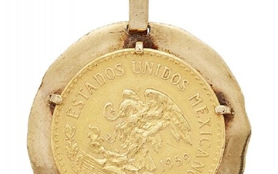 A Mexican gold 20 Peso coin pendant,...