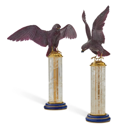 A PAIR OF CARVED RUBY, SAPPHIRE, DIAMOND, AND GOLD MODELS OF FALCONS PROBABLY SWITZERLAND, LATE 20TH CENTURY, RETAILED BY ASPREY, LONDON