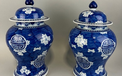 A PAIR OF CHINESE PRUNUS JARS AND COVERS, 28cm...