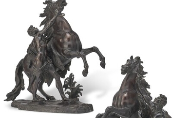 A PAIR OF FRENCH PATINATED BRONZE GROUPS OF THE MARLY HORSES