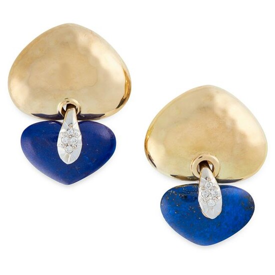 A PAIR OF LAPIS LAZULI AND DIAMOND EARRINGS in 18ct
