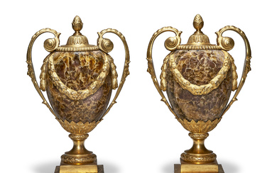 A PAIR OF ENGLISH ORMOLU-MOUNTED FLUORSPAR TWO-HANDLED VASES IN THE...