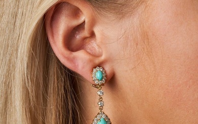 A PAIR OF TURQUOISE AND DIAMOND DROP CLIP EARRINGS each comprising a oval cabochon turquoise in a