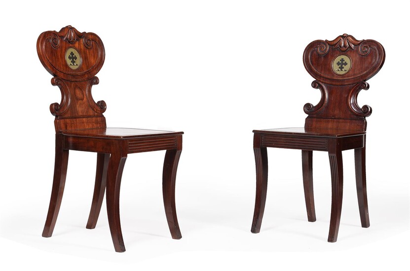 A PAIR OF WILLIAM IV MAHOGANY HALL CHAIRS, IN THE MANNER OF GILLOWS, CIRCA 1835