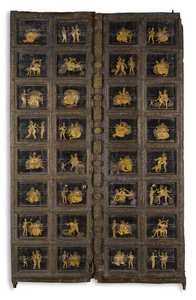 A PAIR OF WOODEN DOORS PAINTED WITH EROTIC SCENES, INDIA, 20TH CENTURY