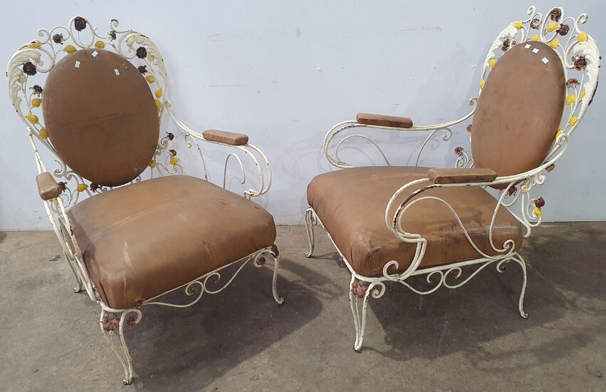 A PAIR OF WROUGHT IRON FRENCH STYLE CHAIRS