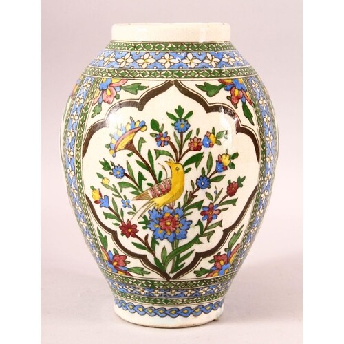 A PERSIAN QAJAR GLAZED POTTERY VASE, painted with three pane...