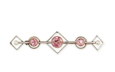 A PINK TOURMALINE AND PEARL BROOCH set with a trio of