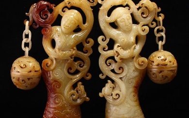 A Pair Old Openwork Chinese Hetian Jade Carved Figure & Dragon Phoenix Statue w Sachet