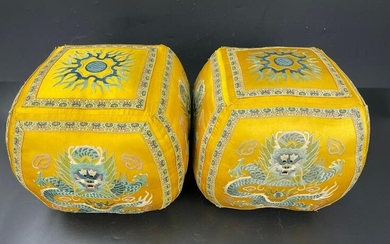 A Pair of Chinese Embroidered Dragon Silk Pillows