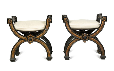 A Pair of Continental Cast Iron and Parcel Gilt Curule-form Tabourets