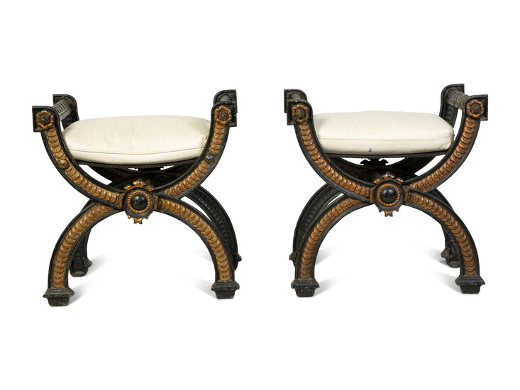 A Pair of Continental Cast Iron and Parcel Gilt Curule-form Tabourets