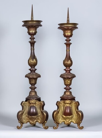 A Pair of Continental Copper and Brass Pricket Candlesticks,...