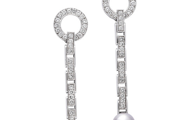 A Pair of Cultured Pearl, Diamond and White Gold 'Agrafe' Ear Pendants, Cartier