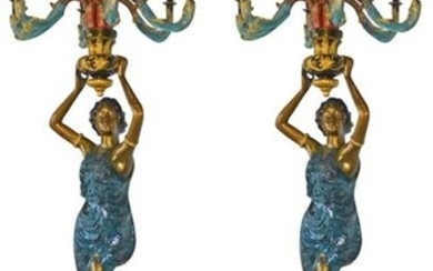 A Pair of Ladies holding a Lamp Bronze Statue - Size