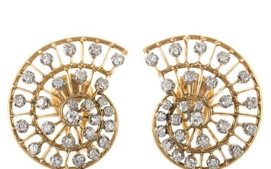A Pair of Shell-Shape Diamond Earrings in 14K
