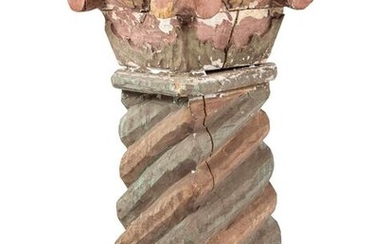 A Primitive Painted Wood Spiral-Twist Carved Pedestal