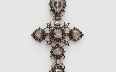 A Rococo silver gilded diamond multi part cross pendant.