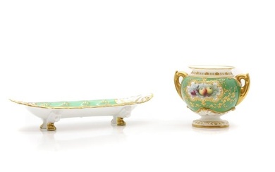 A Royal Worcester porcelain twin handled squat form vase
