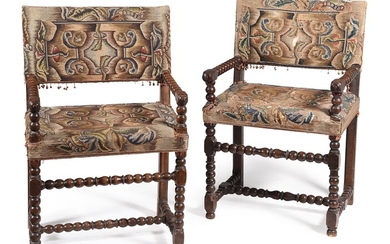 A MATCHED SET OF FOUR WALNUT AND NEEDLEWORK UPHOLSTERED CHAIRSCIRCA 1685 AND LATER To include two