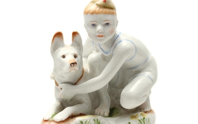 A SOVIET PORCELAIN FIGURINE: YOUNG BOARDER PATROL