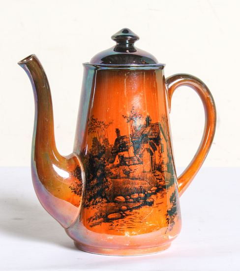A Shelley (England) unusual lustre teapot in orange and pearlescent...