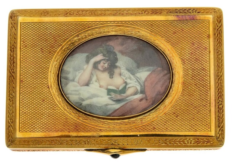 A Superb Painted, Gold and Sapphire Cigarette Box The small gold box with fine engine turning,...