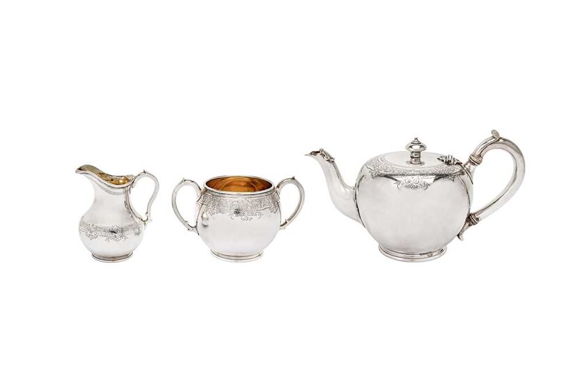 A Victorian sterling silver three-piece tea service, London 1869/70 by John Samuel Hunt and Robert Roskell