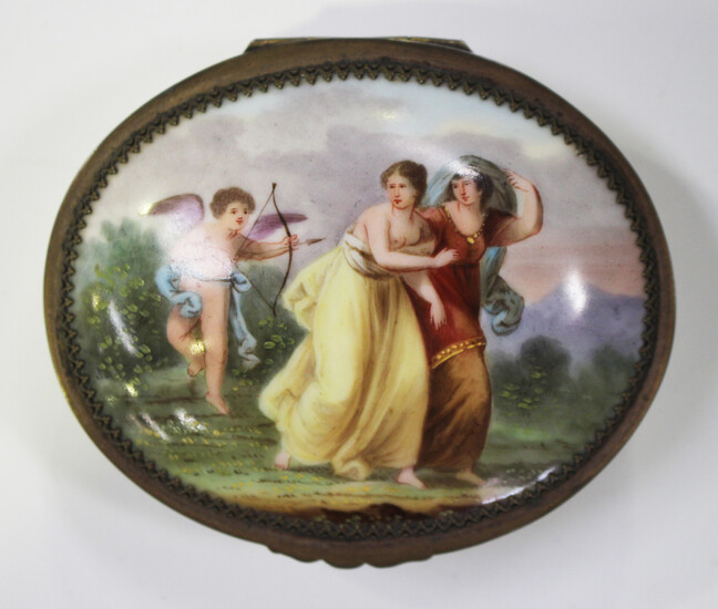 A 'Vienna' porcelain oval snuff box, late 19th/early 20th century, the gilt metal mounted
