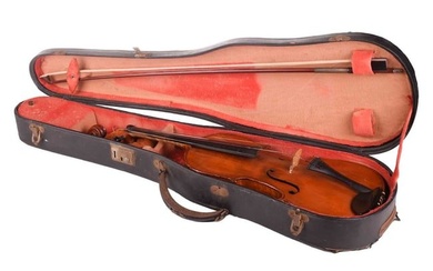 A Violin and bow in accompanying fitted case, violin measuring 59 cm. Ivory certification reference