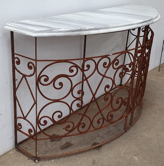 A WROUGHT IRON BASED MARBLE TOP DEMI LUNE CONSOLE