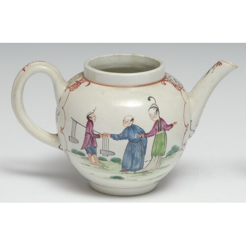 A Worcester globular Boy at the Window teapot, painted wit...